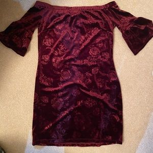 Off the shoulder floral print velvet maroon dress